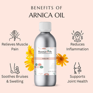 Bottle of Arnica oil with benefits listed on a pink background