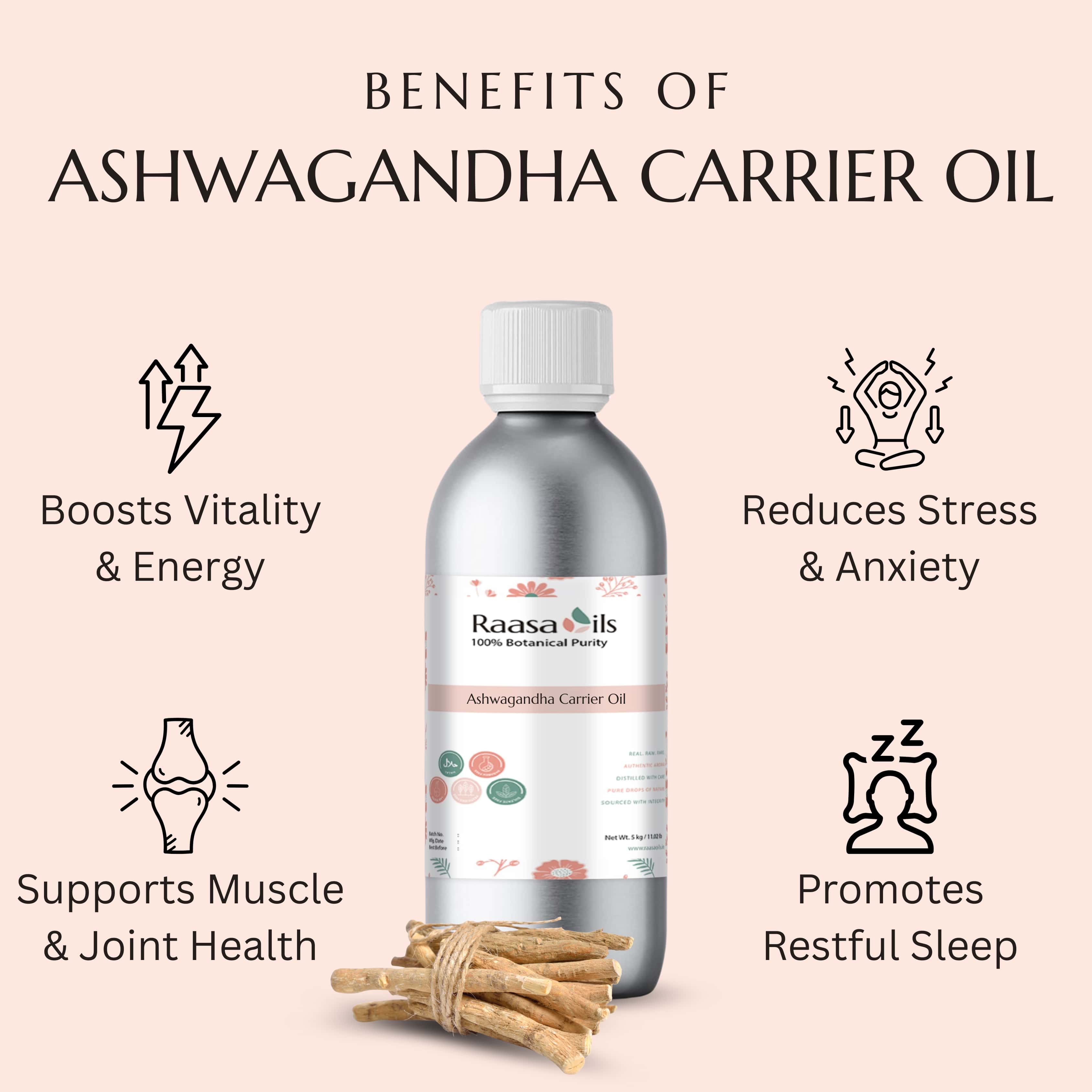 Bottle of Raasa Oils Ashwagandha Carrier Oil with benefits listed on a light pink background