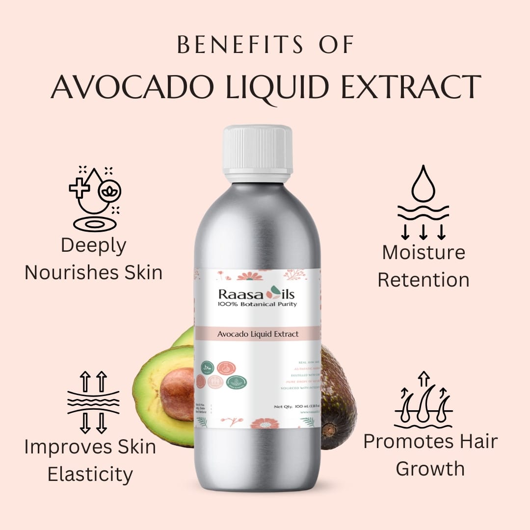 Bottle of Raasa Oils Avocado Liquid Extract with benefits listed on a pink background