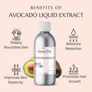 Bottle of Raasa Oils Avocado Liquid Extract with benefits listed on a pink background