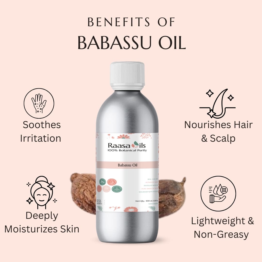 Bottle of Raasa Oils Babassu Oil with benefits listed on a pink background