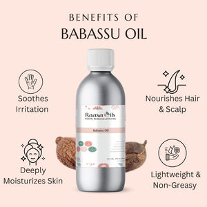 Bottle of Raasa Oils Babassu Oil with benefits listed on a pink background