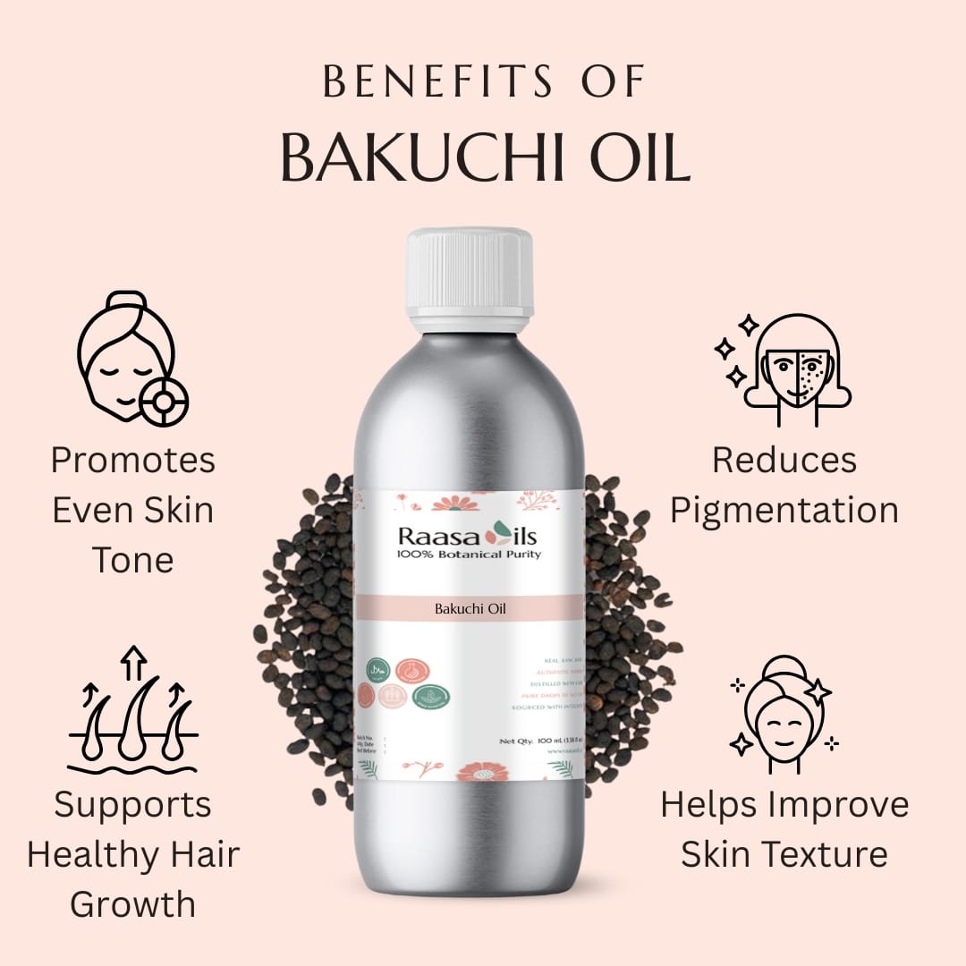 Bakuchi oil bottle with benefits listed on a pink background