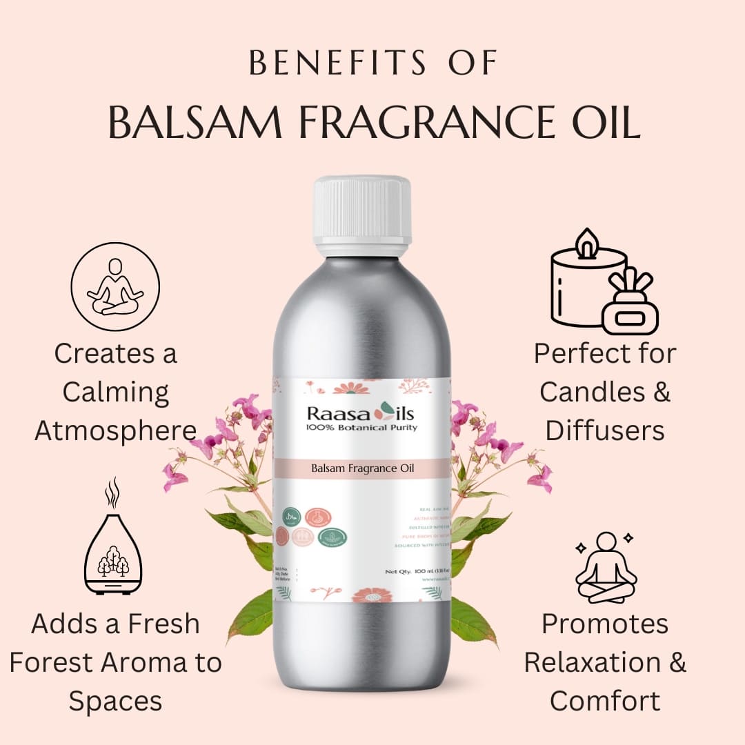 Balsam fragrance oil bottle with benefits listed on a light pink background