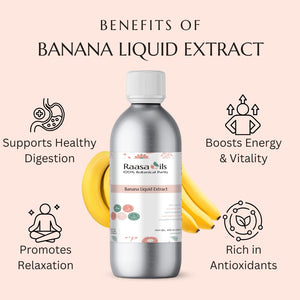 Raasa Oils Banana Liquid Extract bottle with benefits listed on a pink background