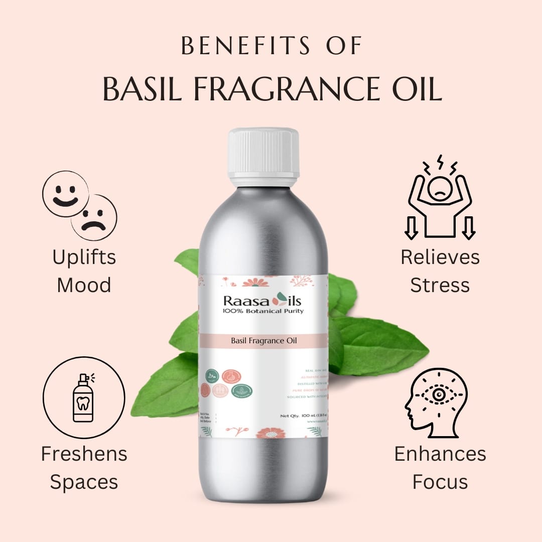 Bottle of Raasa Oils basil fragrance oil with benefits listed on a light pink background
