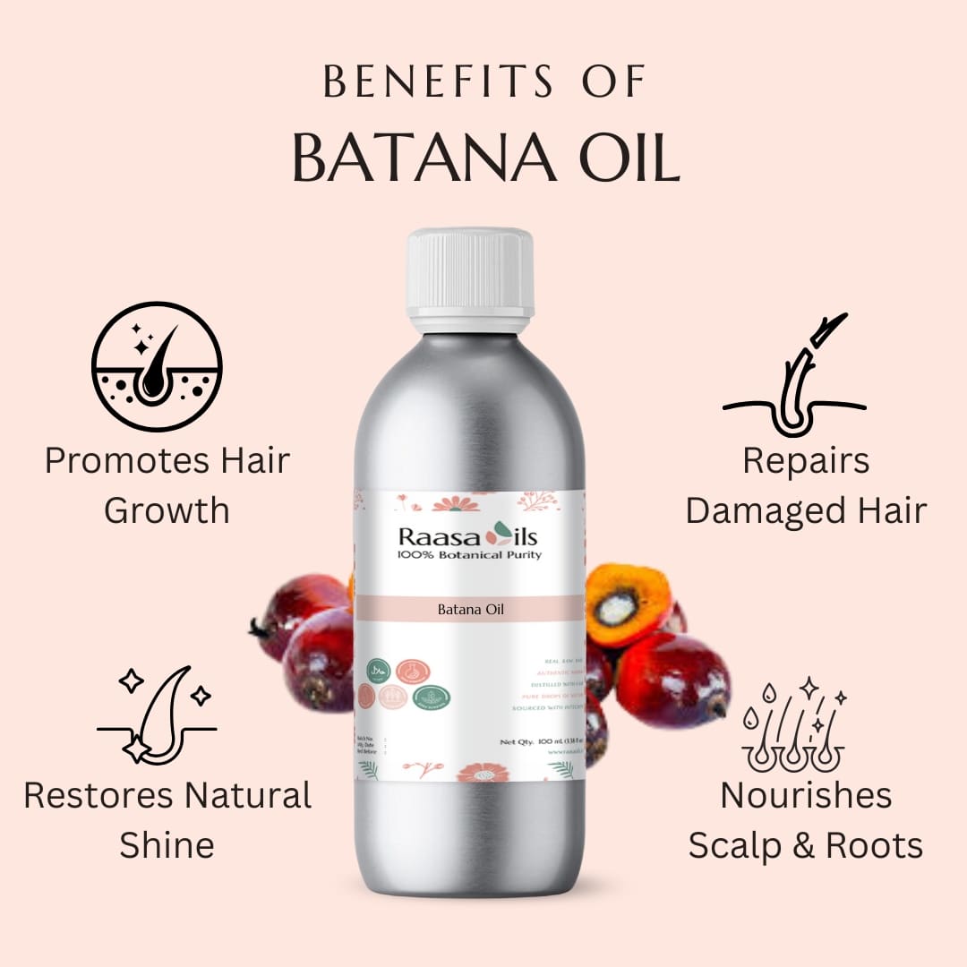 Batana oil bottle with benefits listed on a pink background