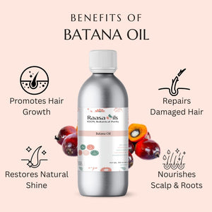 Batana oil bottle with benefits listed on a pink background