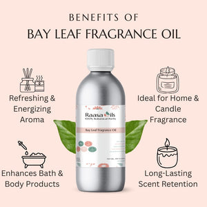 Bay leaf fragrance oil bottle with benefits listed on a pink background