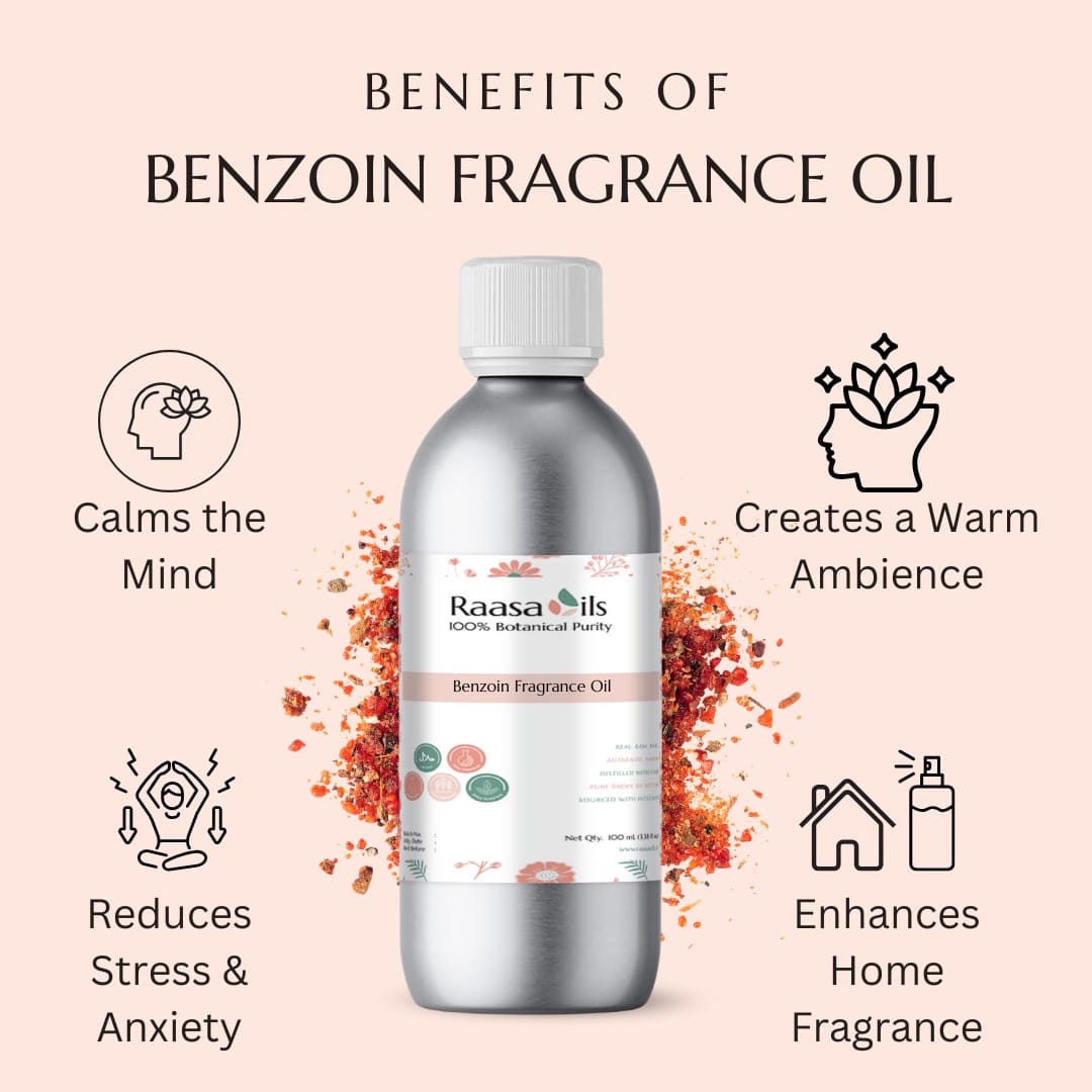 Benzoin fragrance oil bottle with benefits listed on a pink background