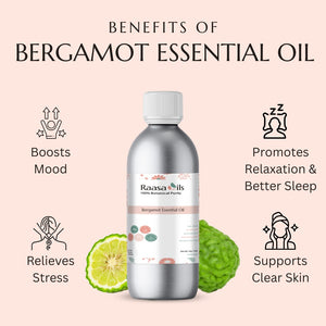 Bergamot essential oil bottle with benefits listed on a pink background