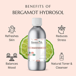 Bergamot hydrosol bottle with benefits listed on a pink background