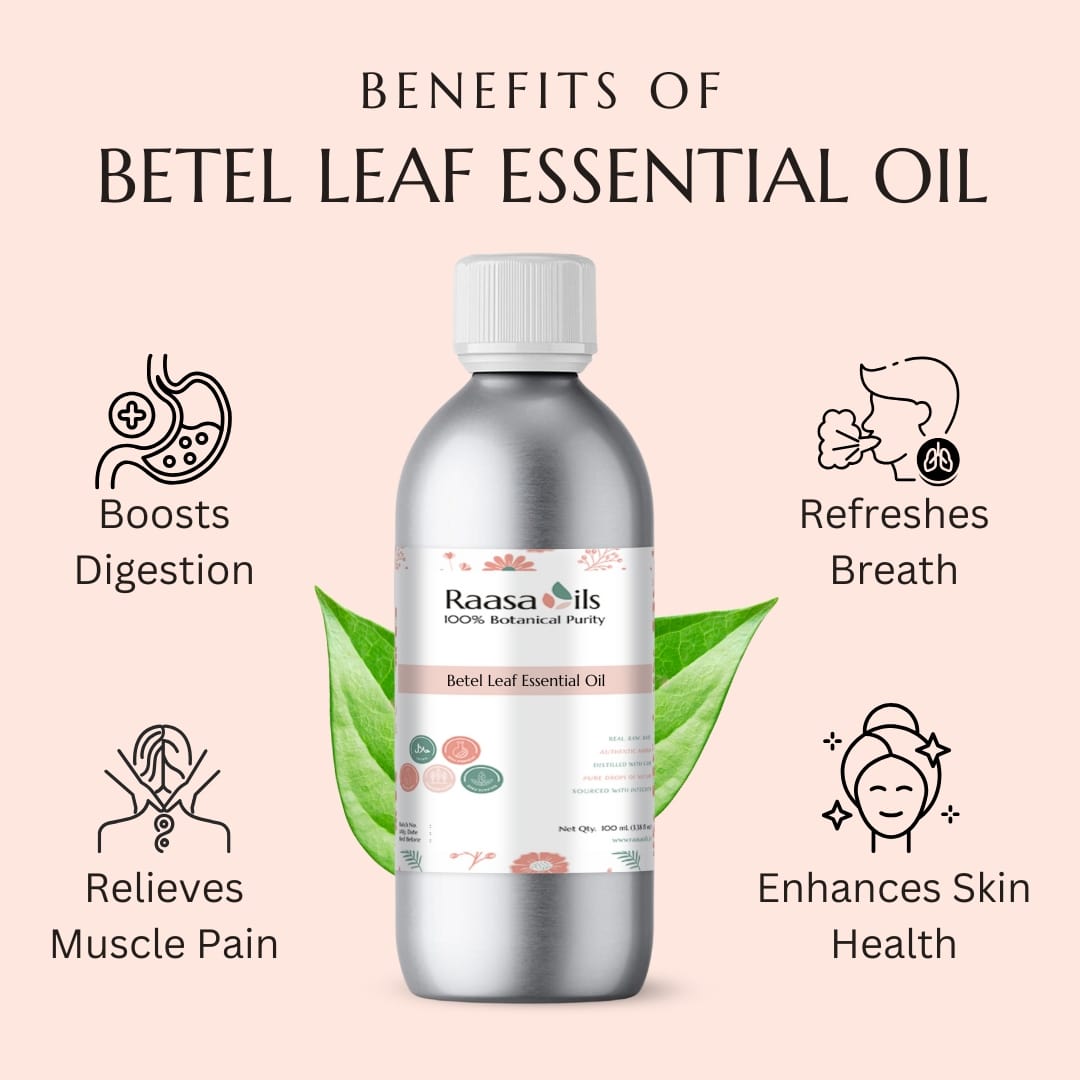 Bottle of Raasa Oils Betel Leaf Essential Oil with benefits listed on a pink background