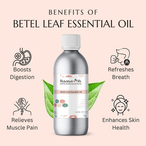 Bottle of Raasa Oils Betel Leaf Essential Oil with benefits listed on a pink background