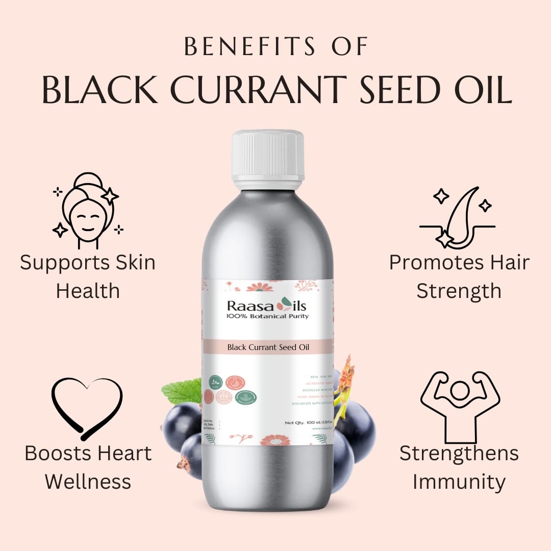 Bottle of Raasa Oils Black Currant Seed Oil with benefits listed on a pink background