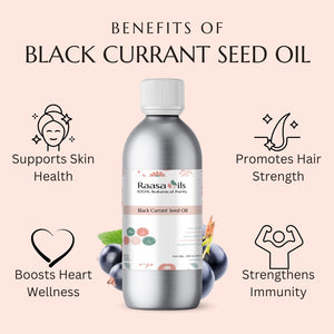 Bottle of Raasa Oils Black Currant Seed Oil with benefits listed on a pink background