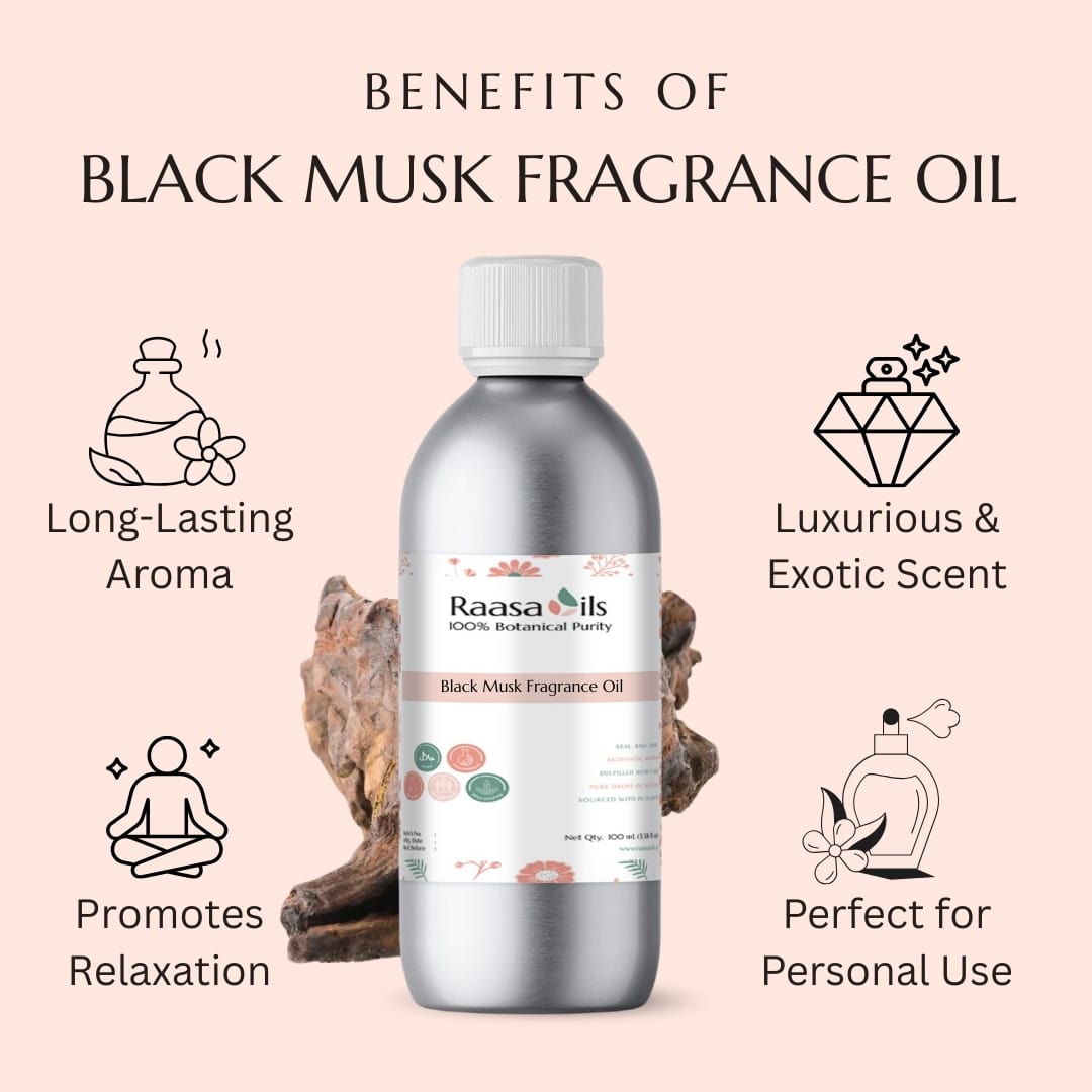 Black Musk Fragrance Oil bottle with benefits listed on a beige background
