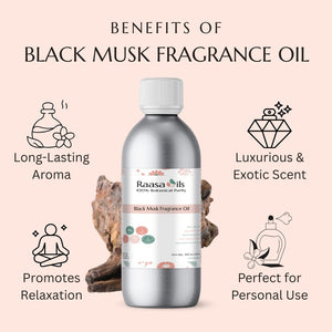Black Musk Fragrance Oil bottle with benefits listed on a beige background