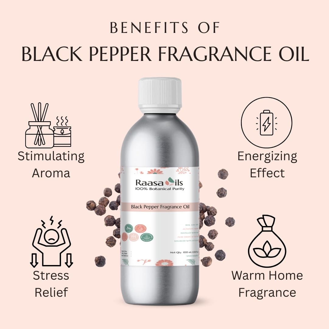 Raasa Oils Black Pepper Fragrance Oil bottle with benefits listed on a pink background