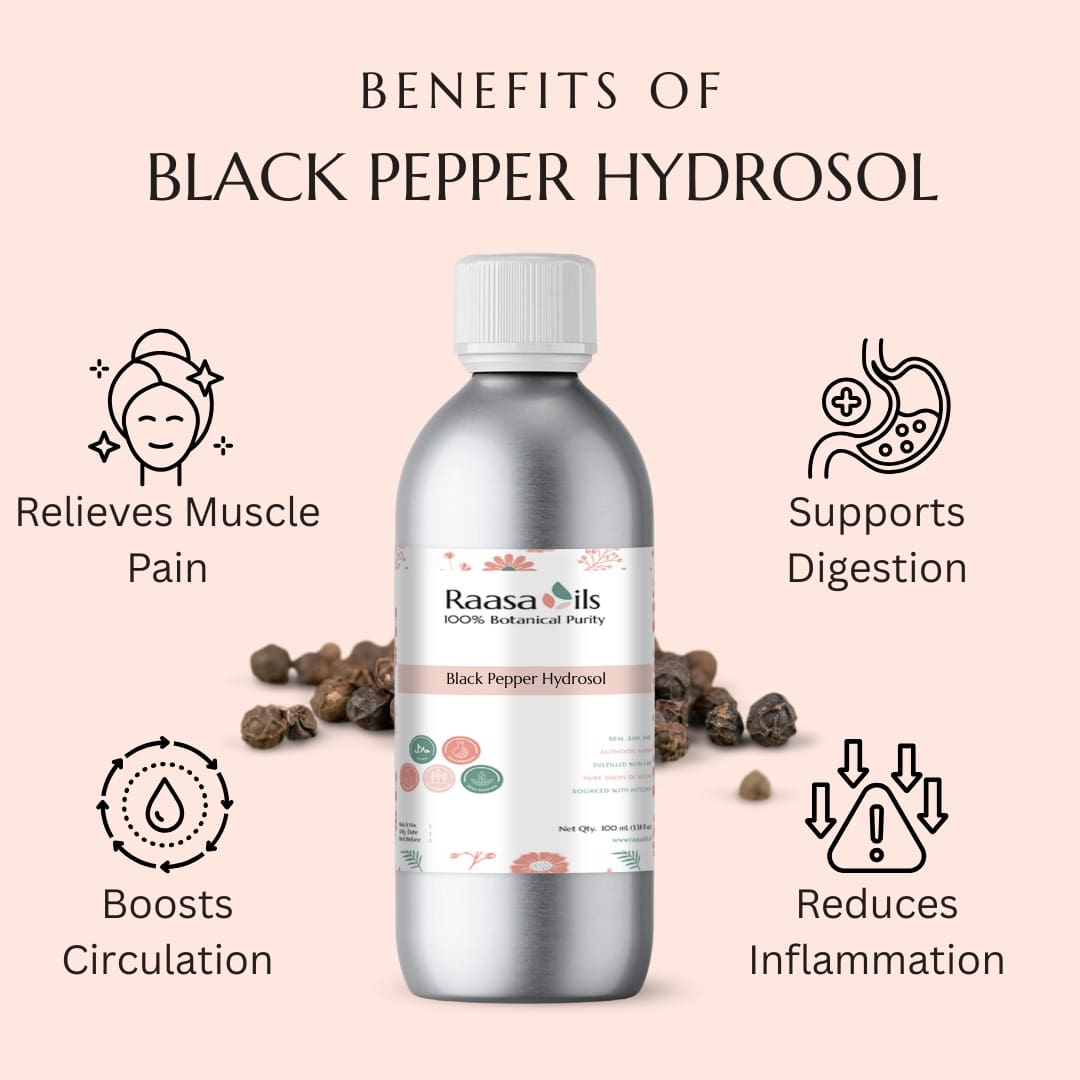 Raasa Oils Black Pepper Hydrosol bottle with benefits listed on a pink background