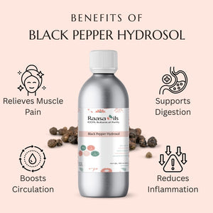 Raasa Oils Black Pepper Hydrosol bottle with benefits listed on a pink background