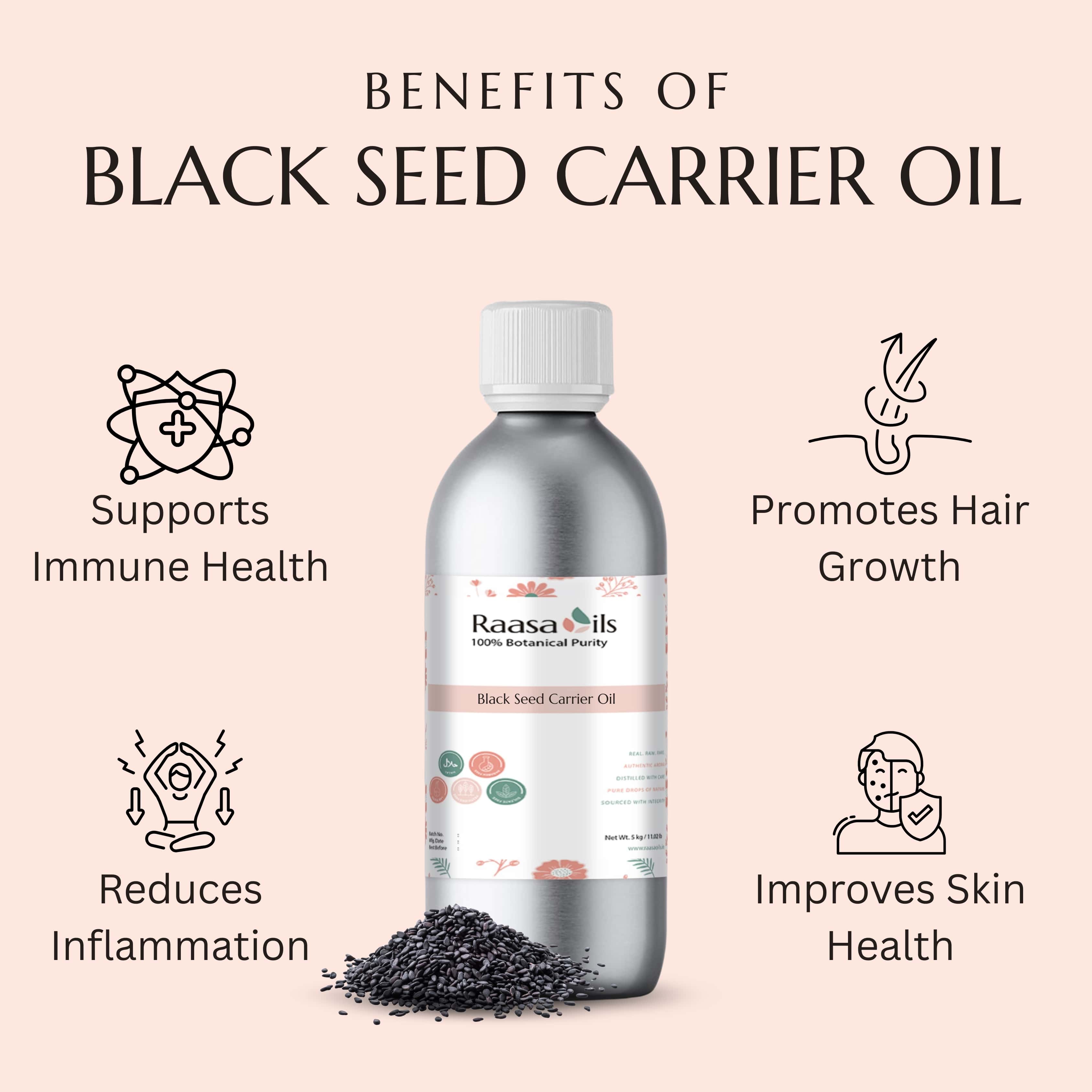 Bottle of Raasa Oils Black Seed Carrier Oil with benefits listed on a beige background