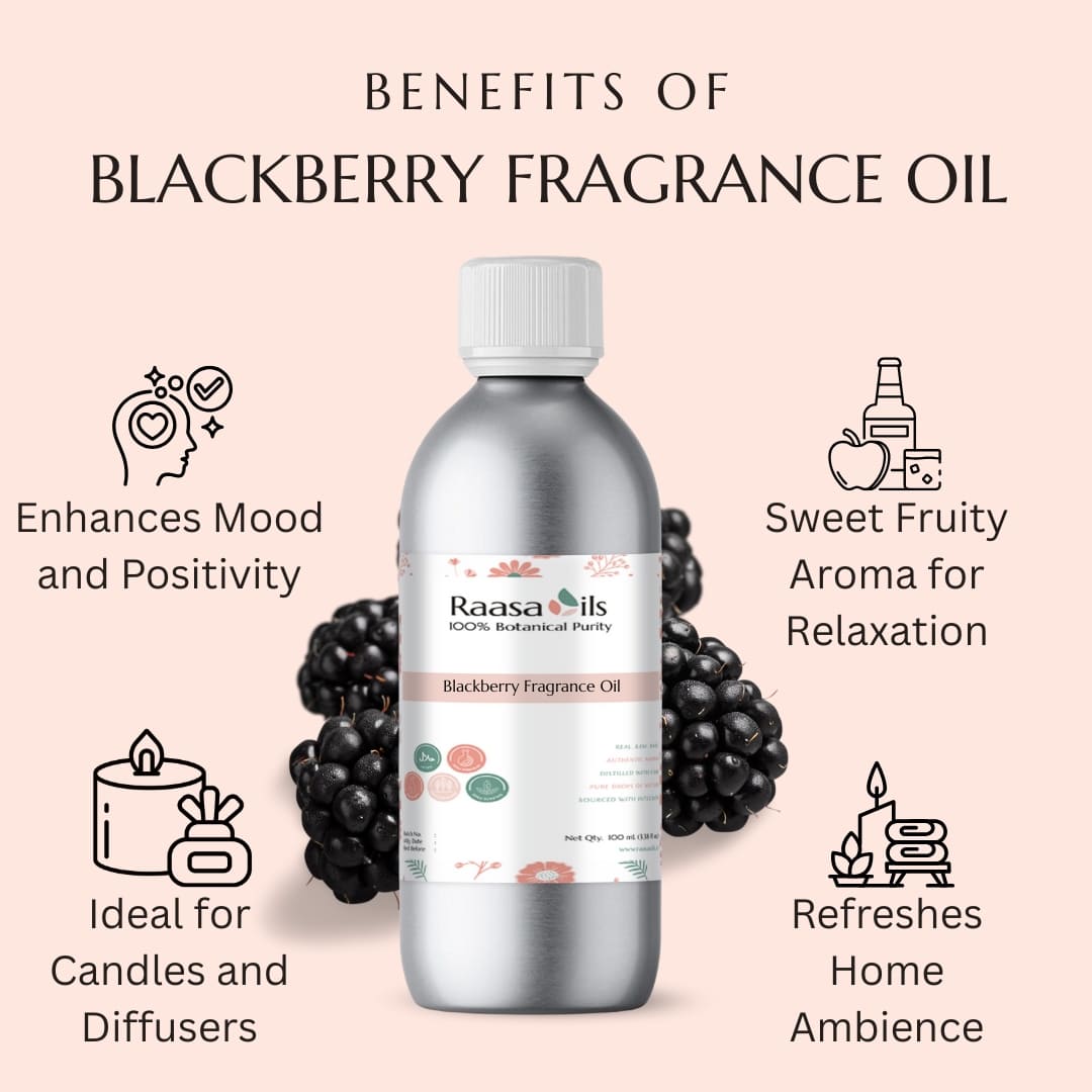Blackberry fragrance oil bottle with benefits listed on a pink background