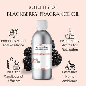 Blackberry fragrance oil bottle with benefits listed on a pink background