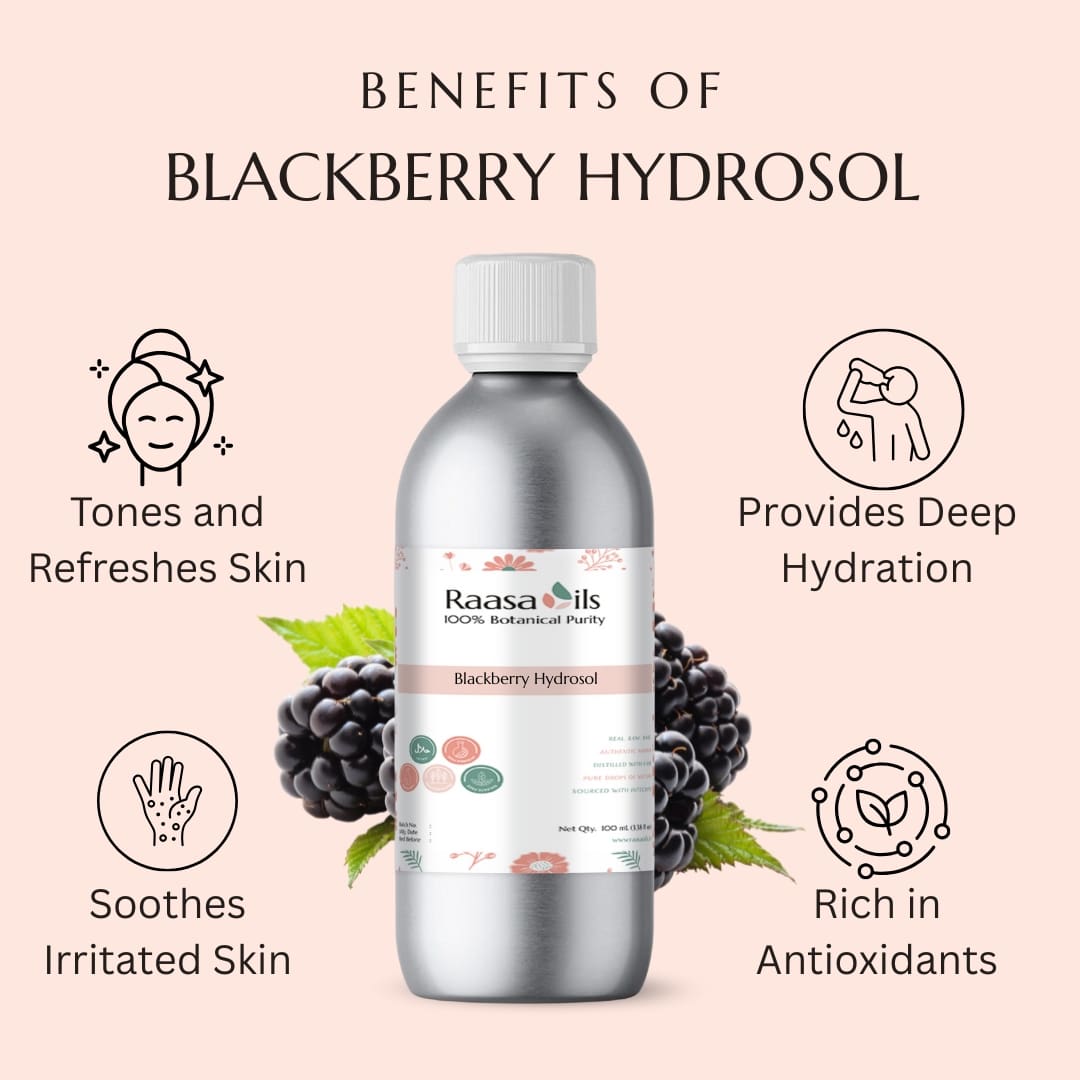 Raasa Oils Blackberry Hydrosol bottle with benefits listed on a pink background