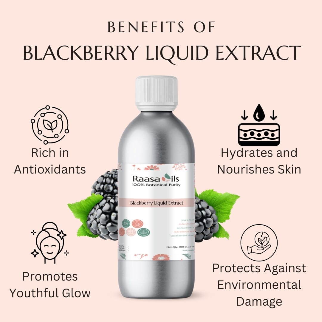Raasa Oils Blackberry Liquid Extract bottle with benefits listed on a pink background