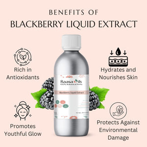 Raasa Oils Blackberry Liquid Extract bottle with benefits listed on a pink background