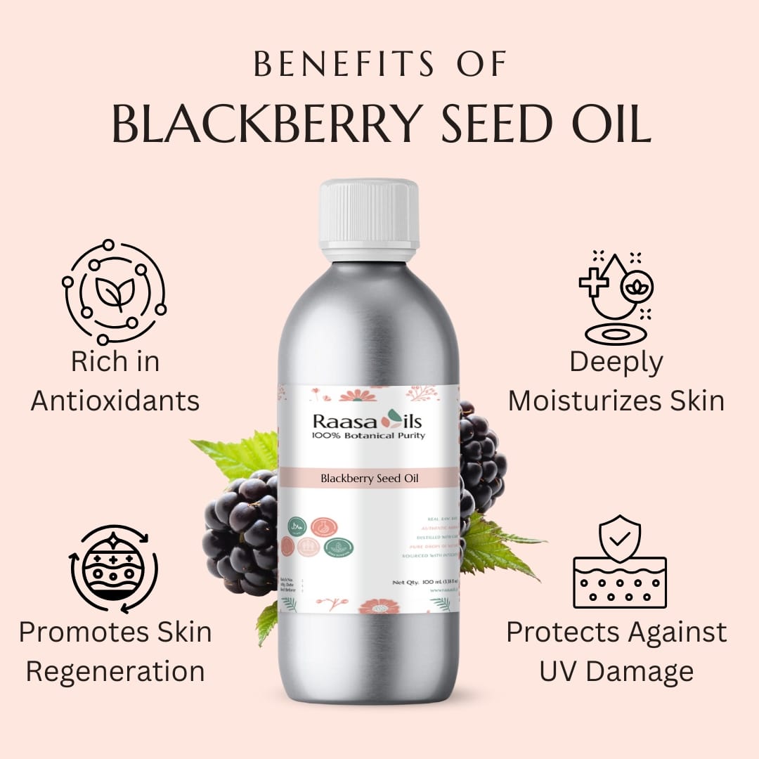 Raasa Oils Blackberry Seed Oil bottle with benefits listed on a pink background