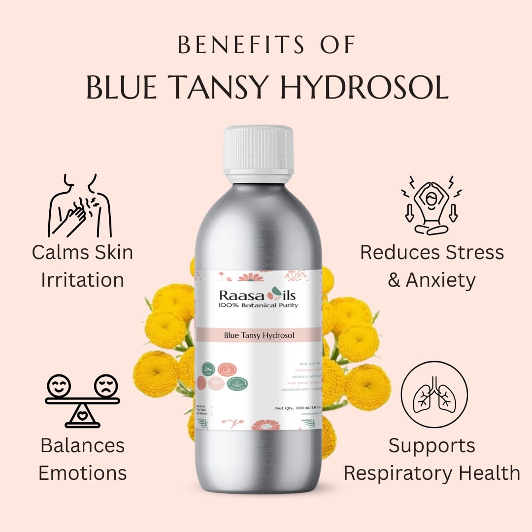 Bottle of Raasa Oils Blue Tansy Hydrosol with benefits listed on a pink background