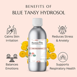 Bottle of Raasa Oils Blue Tansy Hydrosol with benefits listed on a pink background