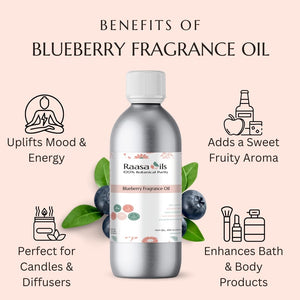Blueberry fragrance oil bottle with benefits listed on a light pink background