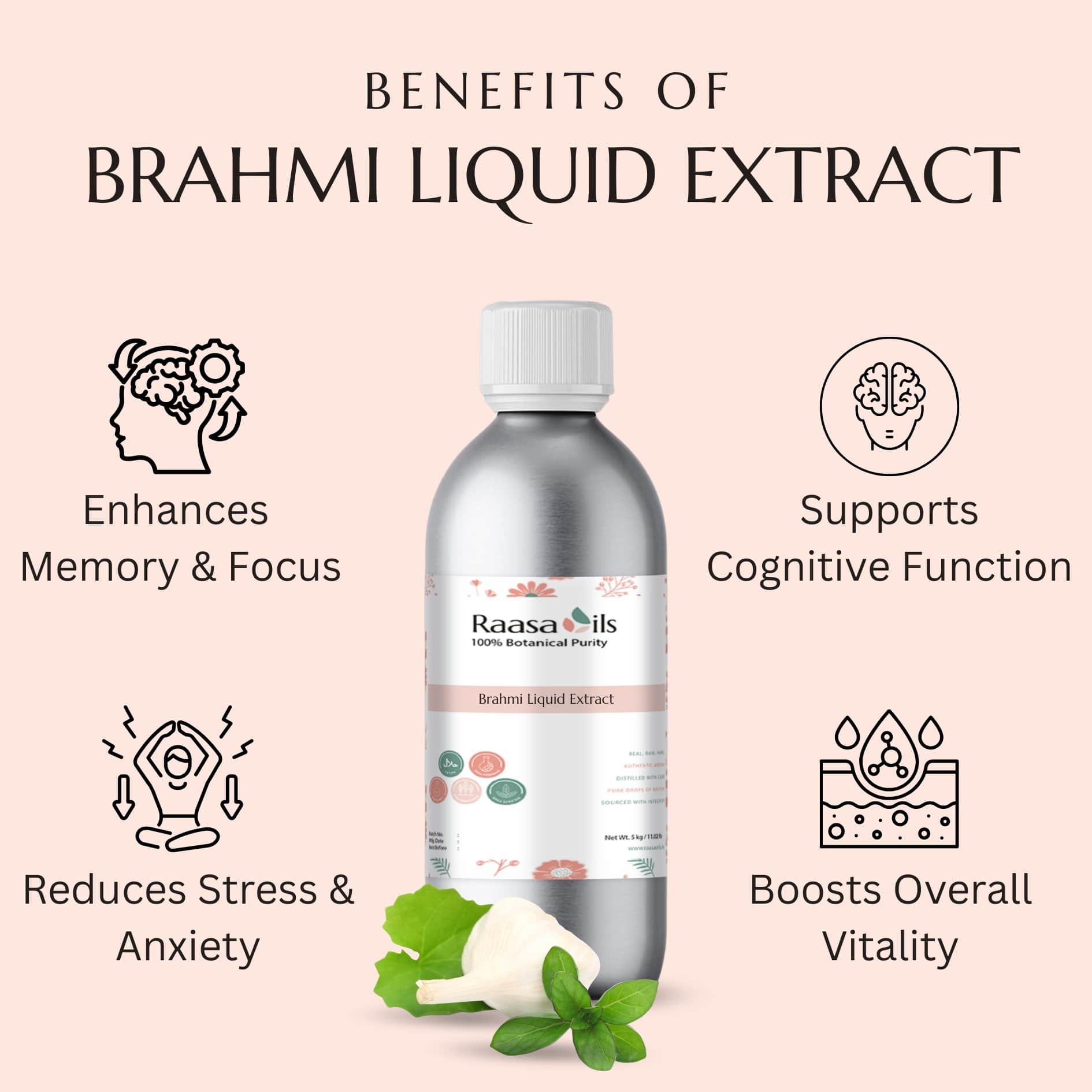 Brahmi liquid extract bottle with benefits listed on a light pink background
