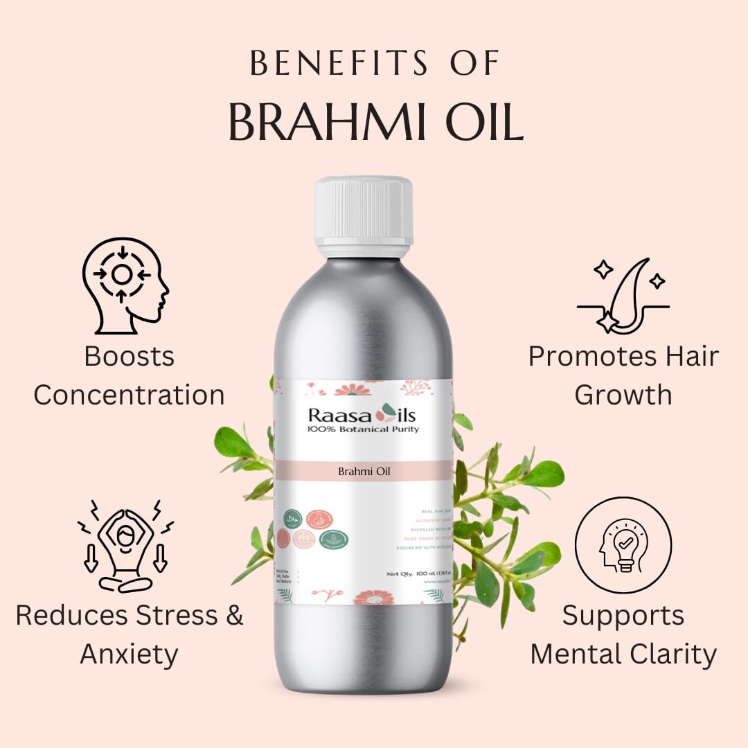 Brahmi oil bottle with benefits listed on a pink background