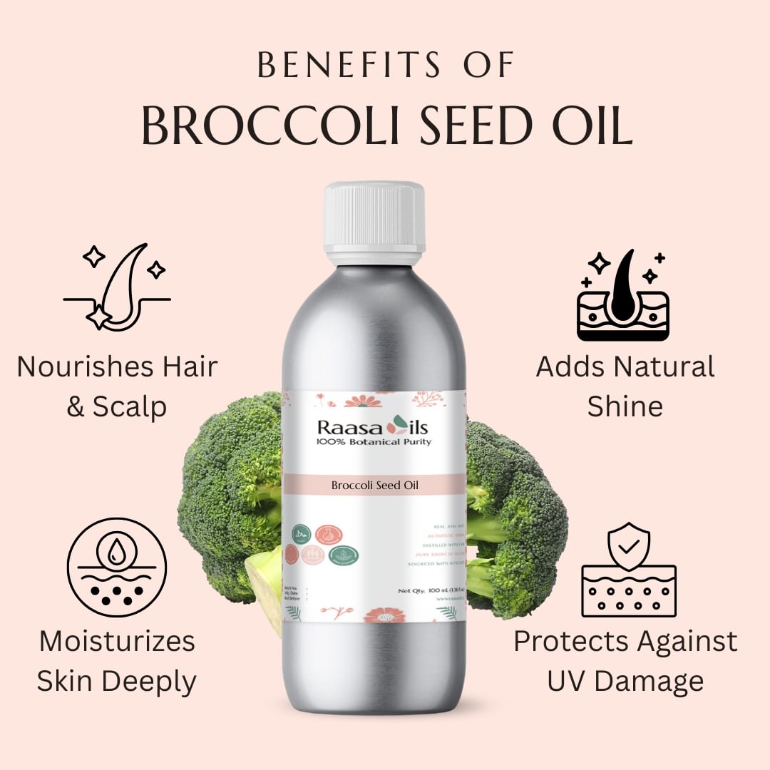 Broccoli seed oil bottle with benefits listed on a pink background