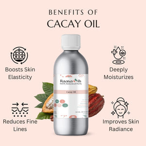 Bottle of Raasa Oils Cacay Oil with benefits listed on a pink background