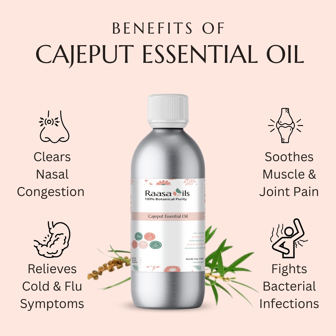 Bottle of Raasa Oils Cajeput Essential Oil with benefits listed on a pink background