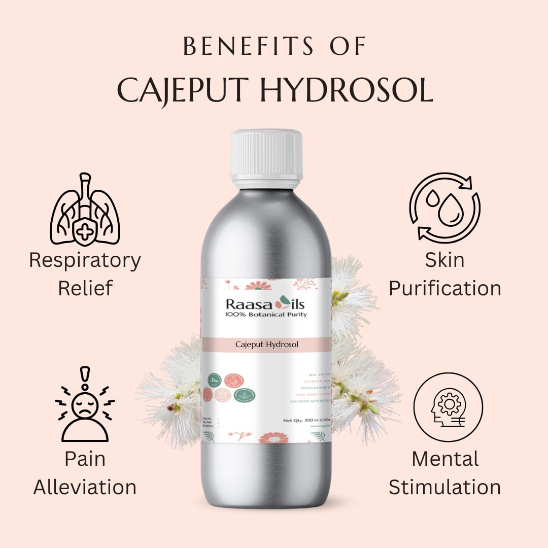 Bottle of Raasa Oils Cajeput Hydrosol with benefits listed on a pink background
