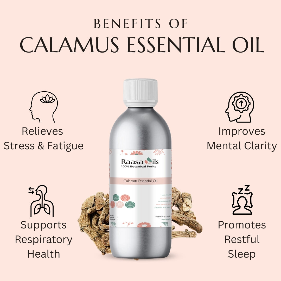 Bottle of Raasa Oils Calamus Essential Oil with benefits listed on a pink background