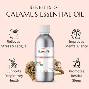 Bottle of Raasa Oils Calamus Essential Oil with benefits listed on a pink background