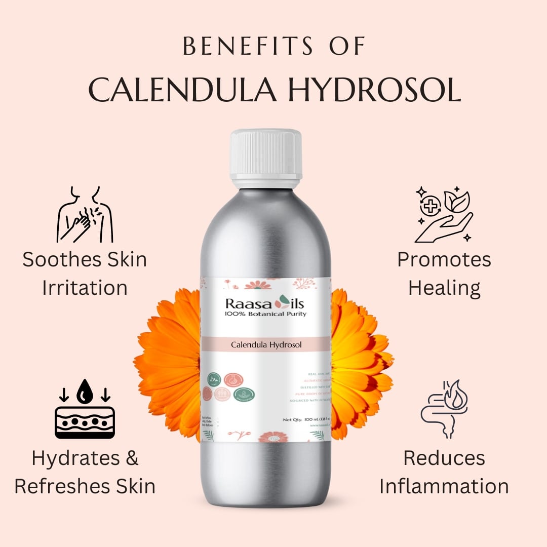 Raasa Oils Calendula Hydrosol bottle with benefits listed on a light pink background