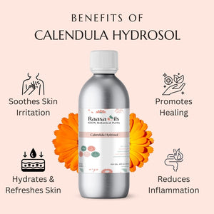 Raasa Oils Calendula Hydrosol bottle with benefits listed on a light pink background