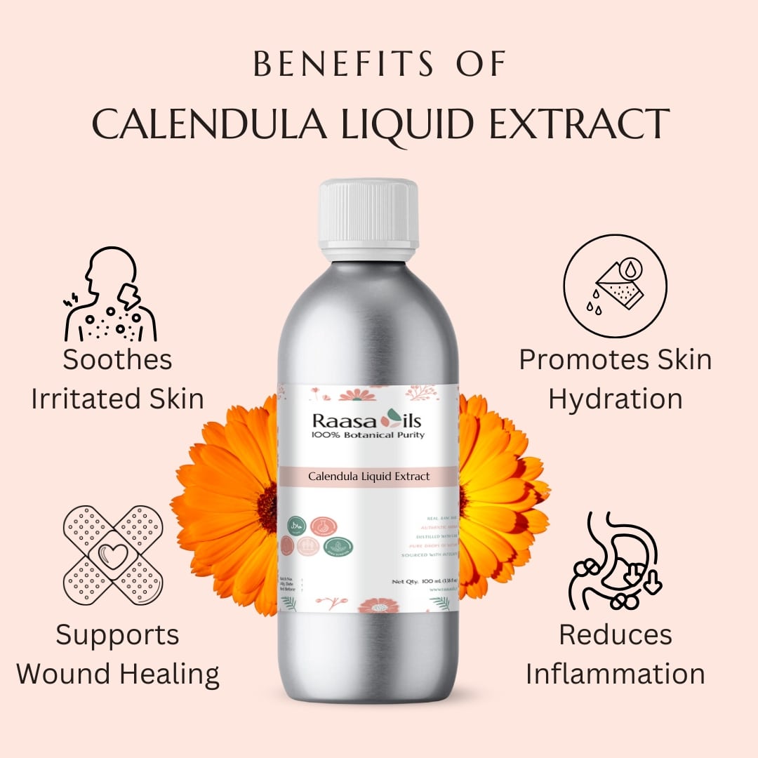 Raasa Oils Calendula Liquid Extract bottle with benefits listed on a pink background