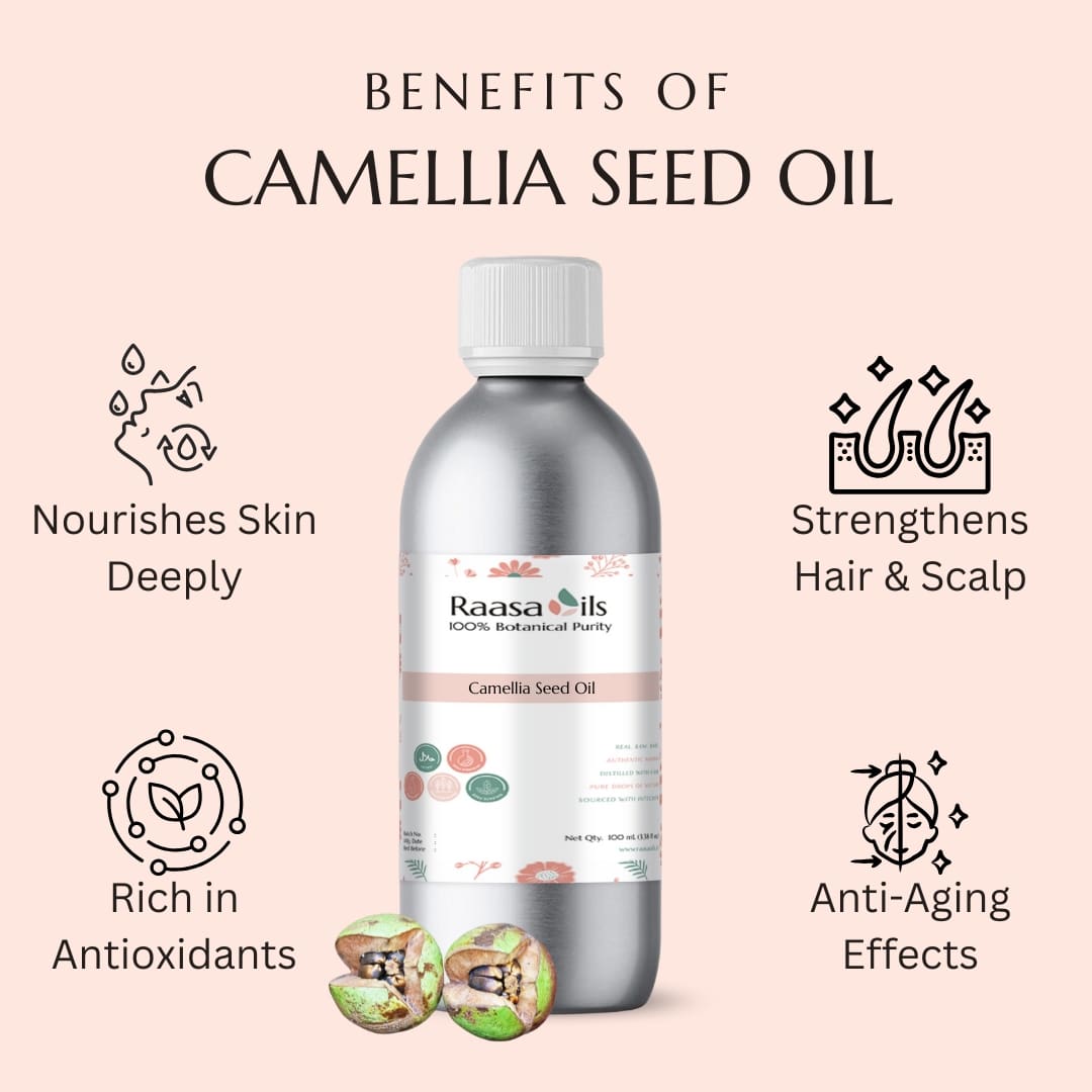 Raasa Oils Camellia Seed Oil bottle with benefits listed on a pink background