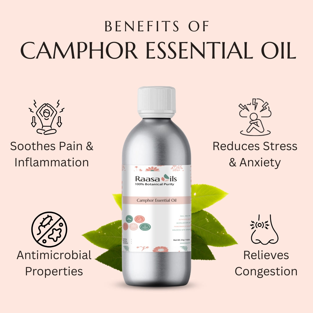 Raasa Oils camphor essential oil bottle with benefits listed on a pink background