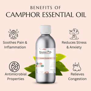 Raasa Oils camphor essential oil bottle with benefits listed on a pink background