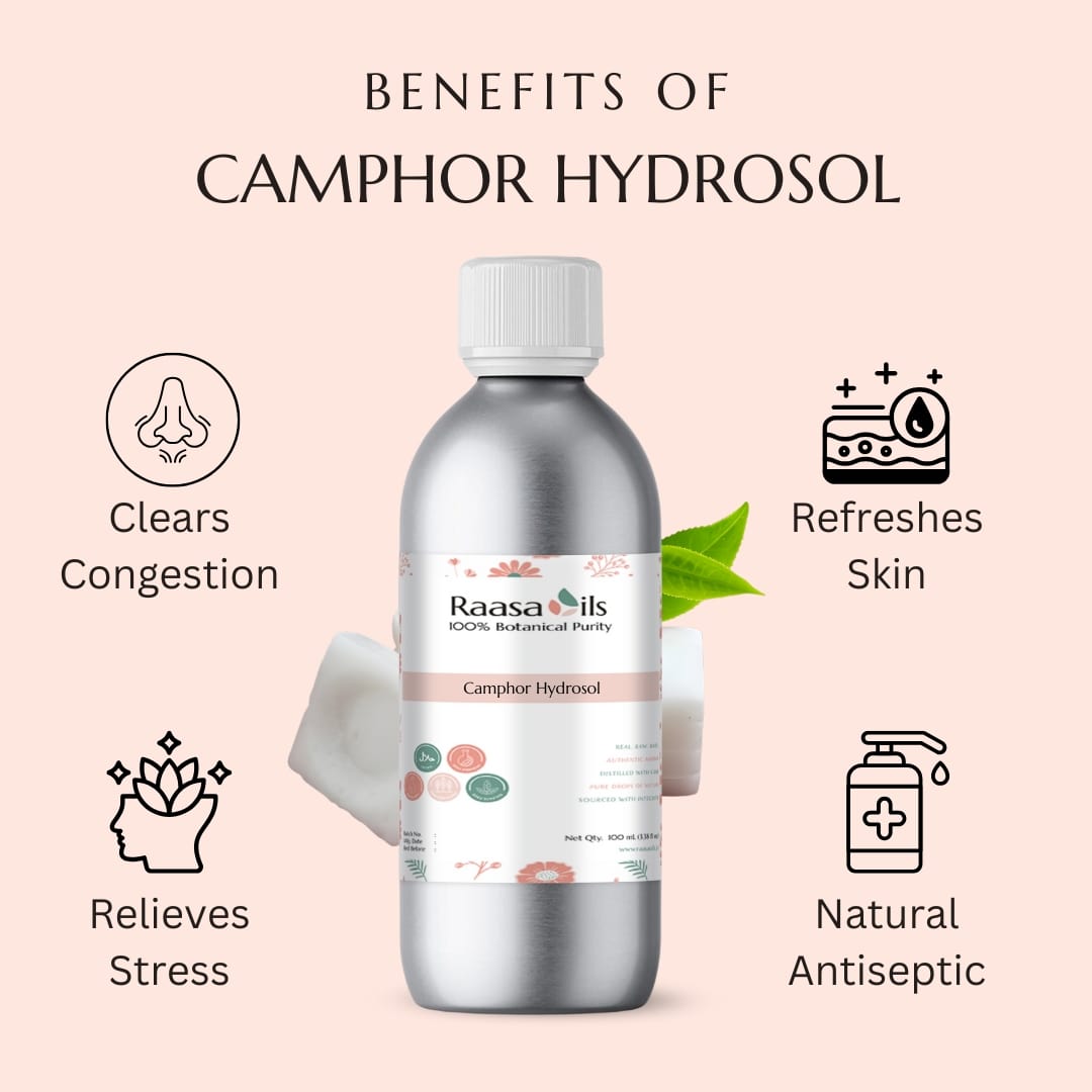 Bottle of Raasa Oils Camphor Hydrosol with benefits listed on a pink background